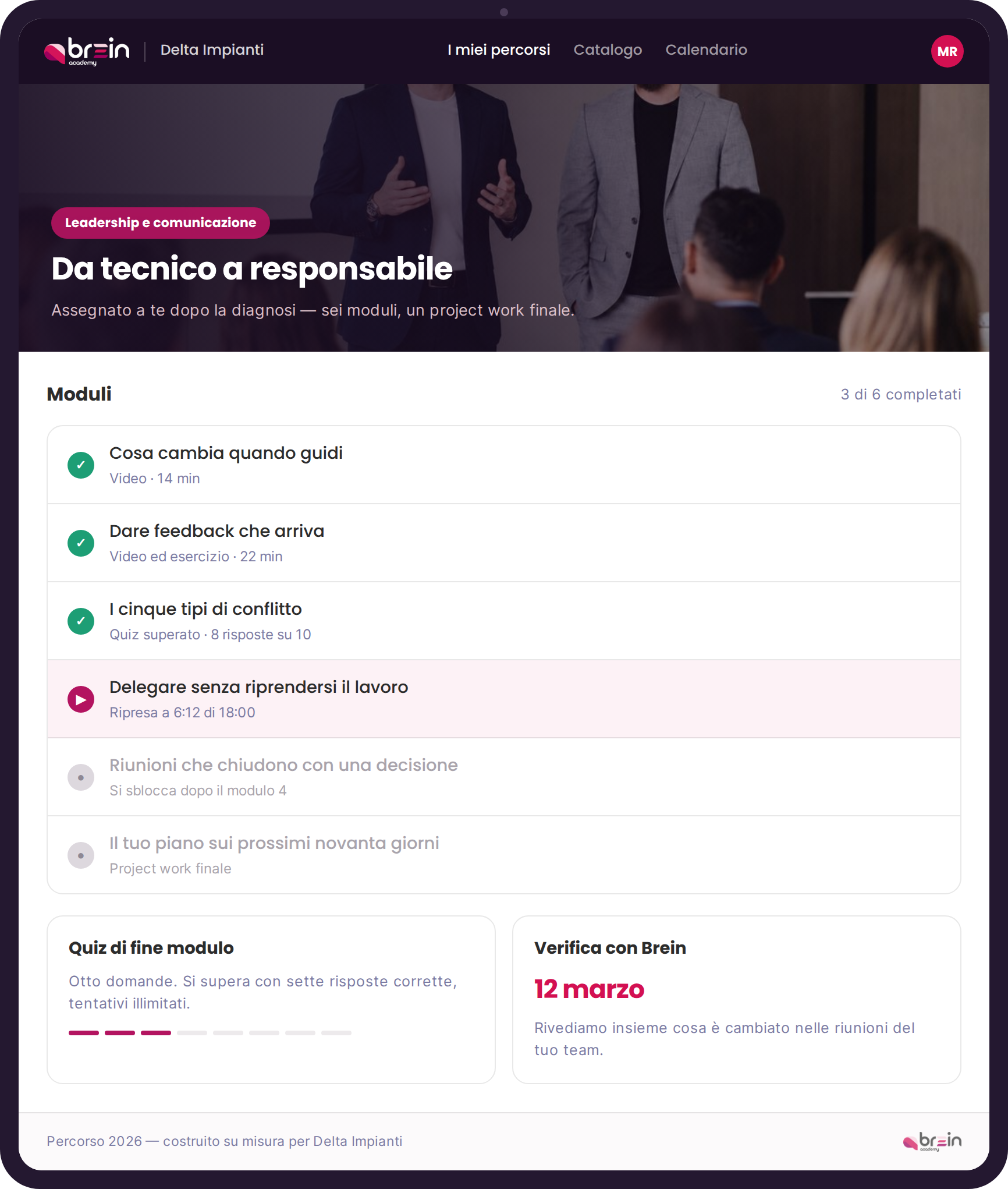 Il corso visto da tablet, con i moduli in sequenza e i quiz di verifica
